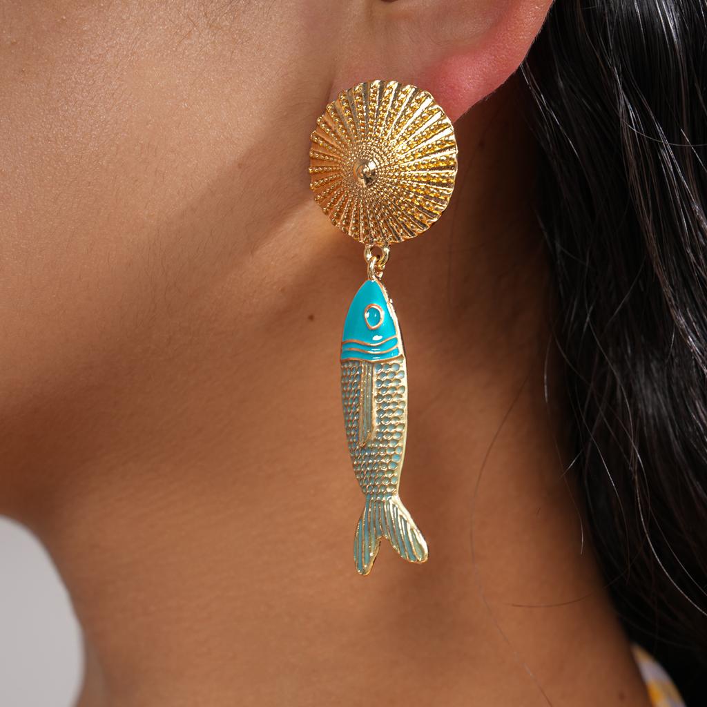 Gold Sunburst Shell Dangle Earrings, Turquoise Enamel Fish Charms, Bohemian Statement Jewelry for Summer & Vacation