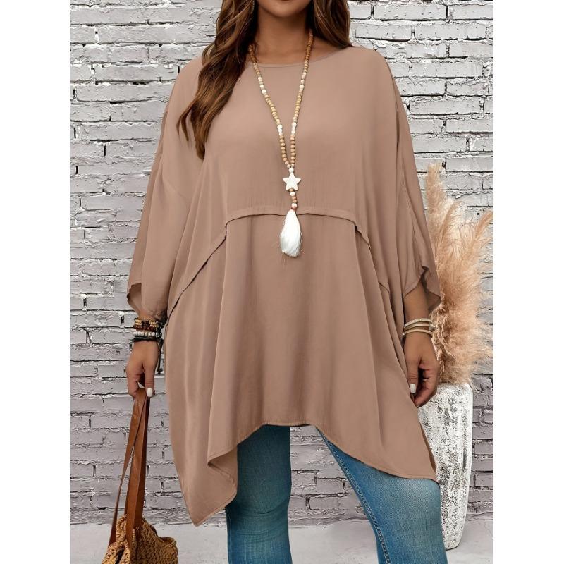 New Large Size Spring/Summer Loose Batman T-shirt Top Round Neck Fashion Casual Blouse Solid Color Irregular Elegant Shirts Loose Simple Long Tops