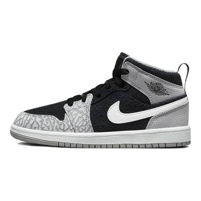Air Jordan 1 Mid SE Elephant Print mid-top kids basketball shoes black/grey for little & big kids DM6215-016 35