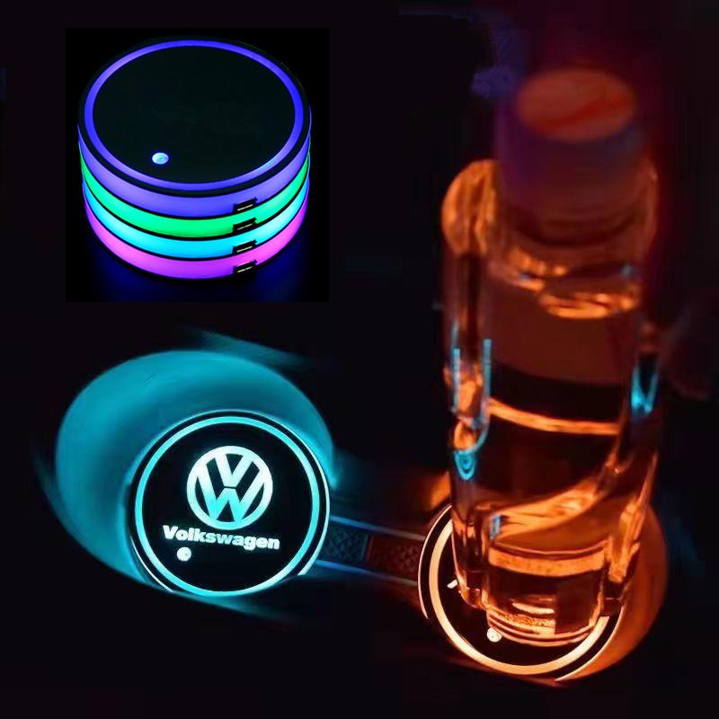 Valve Stems Caps 7 Color LED Car Water Cup Pad Cup Holder Light Luminous Coaster For VW Volkswagen R Rline Polo GTI Jetta Golf C