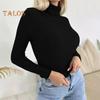 Damen-Pullover mit hohem Kragen, elastischem, atmungsaktivem Stoff, einfarbig, Strickpullover, Lazy Style, langärmelig, Slim Fit