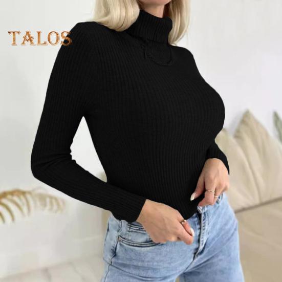 Damen-Pullover mit hohem Kragen, elastischem, atmungsaktivem Stoff, einfarbig, Strickpullover, Lazy Style, langärmelig, Slim Fit
