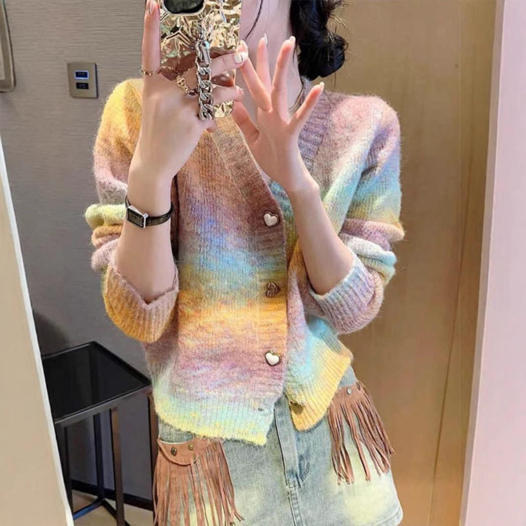 

Korean gentle wind design sense candy gradual change sweater jacket women 2025 autumn and winter new knitted cardigan top women one size fits all фіолетовий