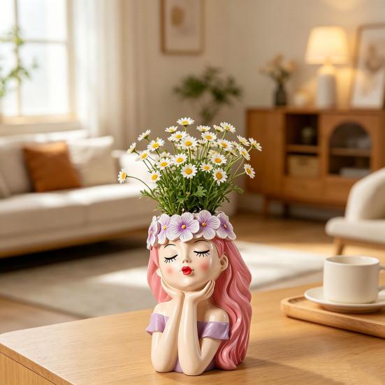 Small Fairy Head Planter Resin Girl Face Flower Pot Cute Cactus Pot for Balcony Yard Garden Desk Decor Gift for Women