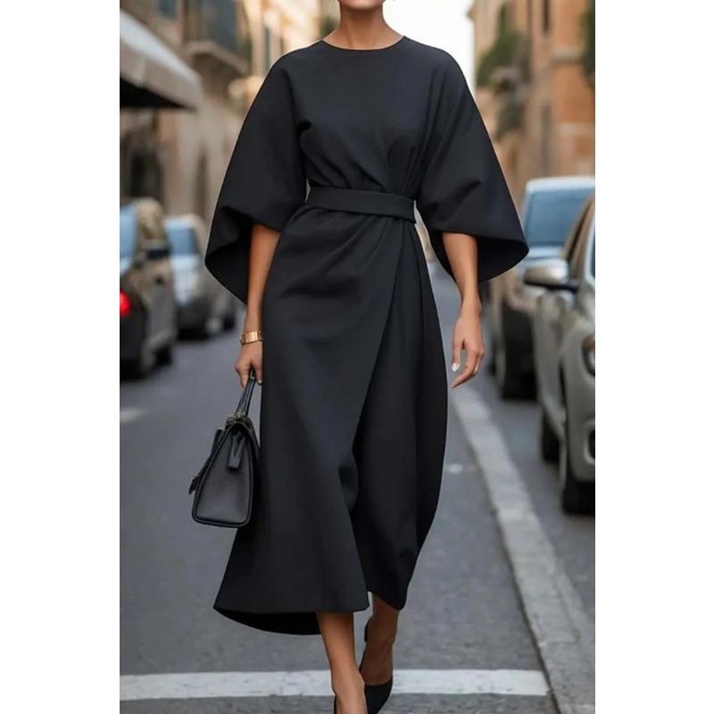 IHUASU Women's Fashion Summer Spring Solid Color Print 3/4 Sleeve O-Neck Casual Dresses