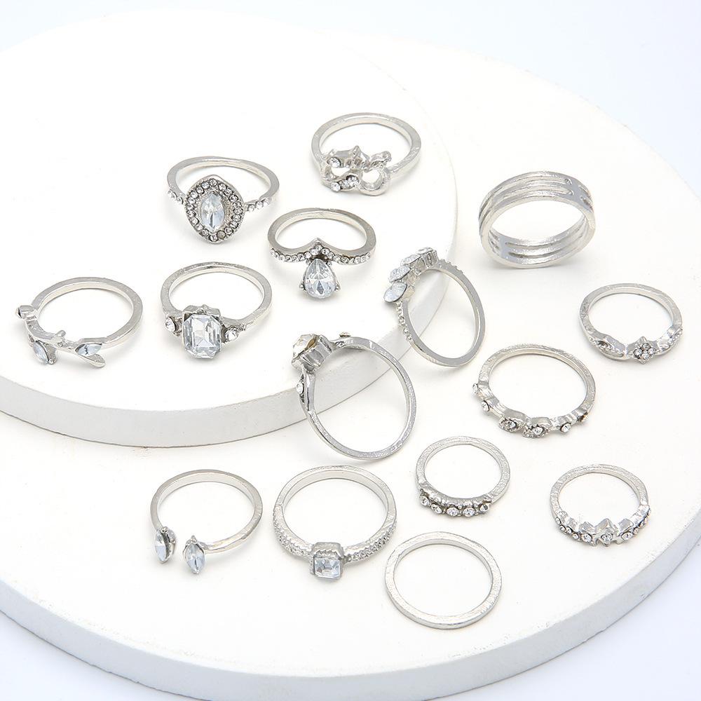 Open Teardrop and Hollow Diamond Heart Ring Set, 15-Piece Jewelry Collection