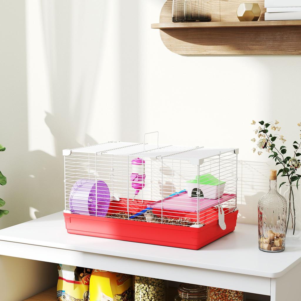 2-Tier Metal and PP Hamster Cage with House, Water Tank and Wheel, 47x30x27 Cm
