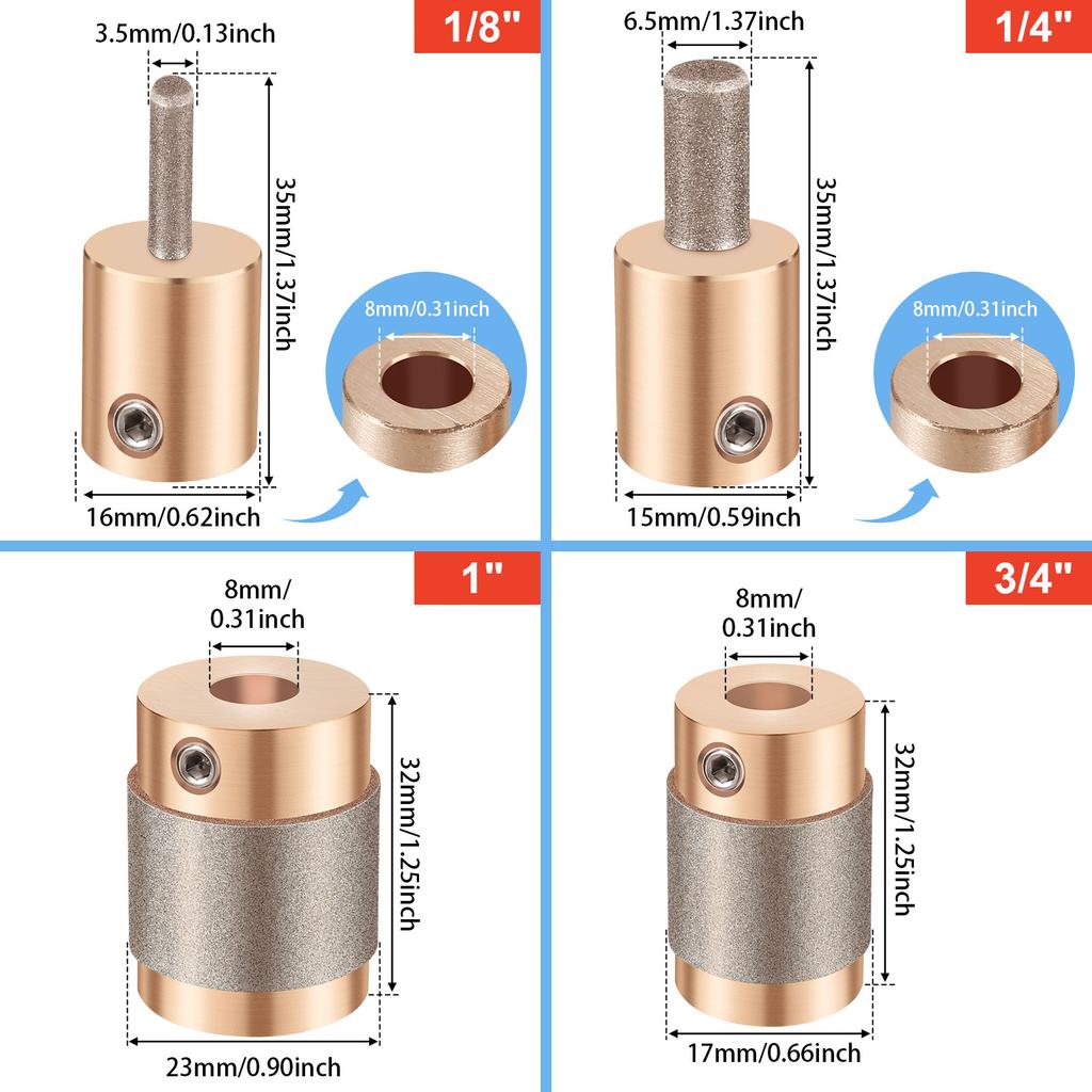 Glass Grinder Bits Diamond Grinder Bit Head Tools Multi-size 1 Inch, 3/4 Inch, 1/4 Inch Frosted Stone Grinder Bit for Stained G