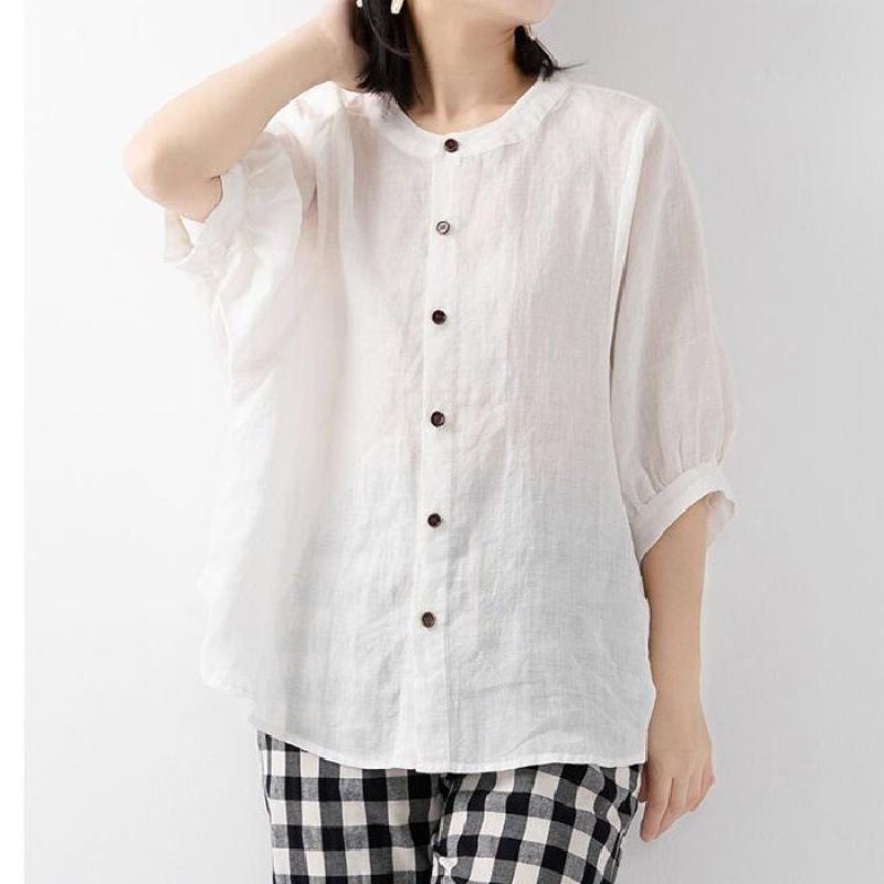 Cotton and Linen Shirt Women's Spring and Summer Thin Solid Color Lantern Sleeve Stand Collar Top Loose Large Size Shirt