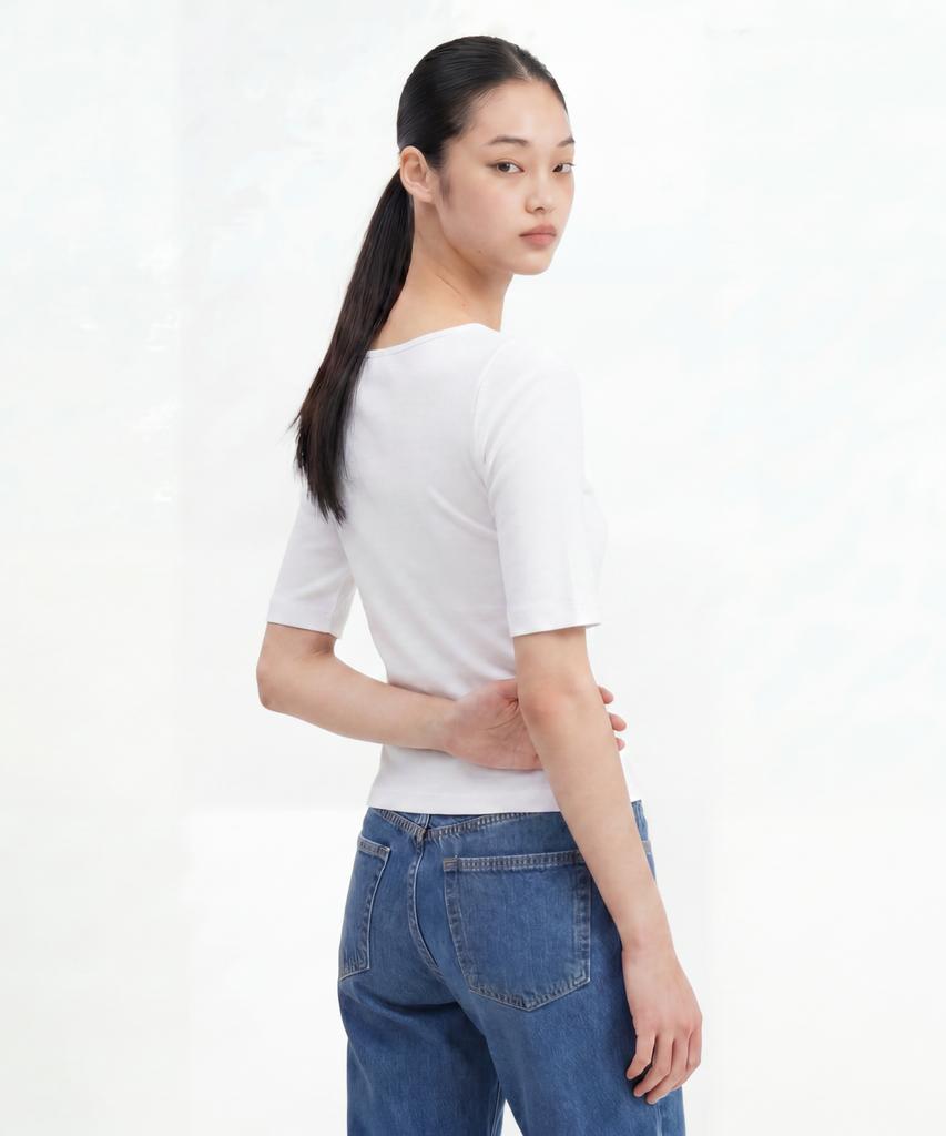 BASIC HOUSE Women'S Modal Spandex Boat Neck Slim Fit Short Sleeve T-Shirt White