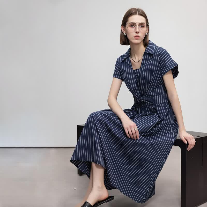 Demana Cloud Cotton Striped Knot Waist Dress L