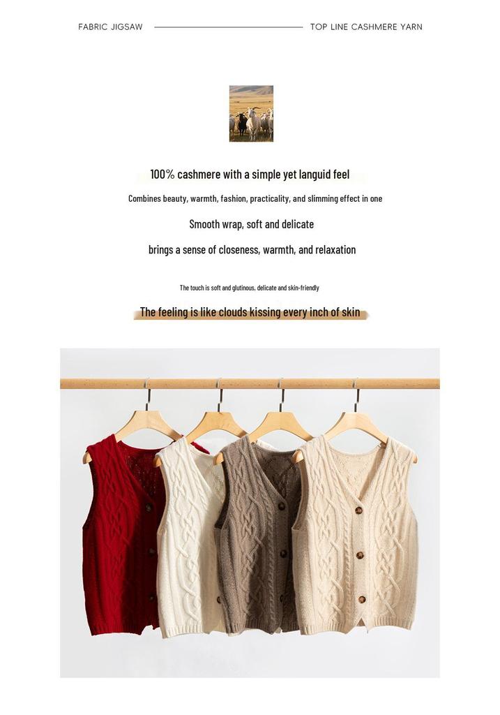Women's 100% Pure Cashmere Cable Knit V-Neck Sleeveless Cardigan