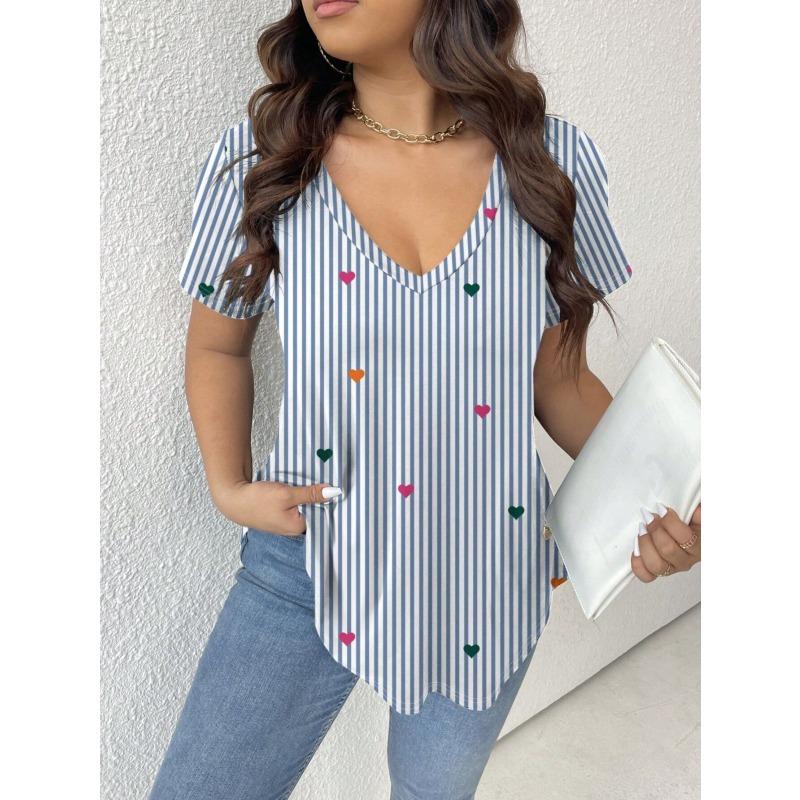 QICED Women's Fashion Casual Solid Color Print V-Neck Short Sleeve Blouses & Shirts