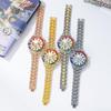 New Fashion Steel Band Watch with Colorful Rhinestone Markers and Quartz Calendar