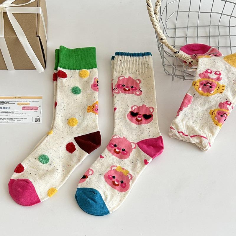 Little Beaver Ruby Socks for Girls Cute and Trendy Pink Girlish Cartoon Mid-calf Socks Colorful Dot Pile Socks