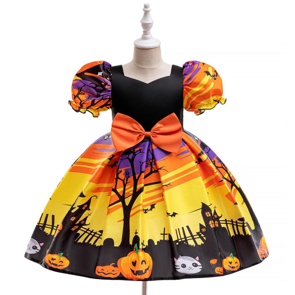 Kids' Halloween Witch Cosplay Cartoon Print Dress