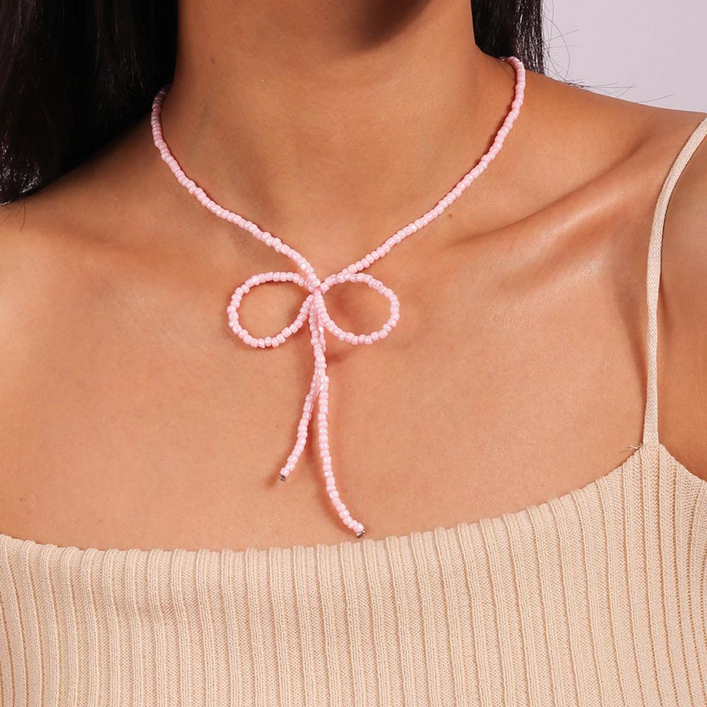 Vintage Design Niche Cold Wind Exaggerated  Beads Bowknot Necklace Clavicle Chain Female Colored Rice Bead Jewelry