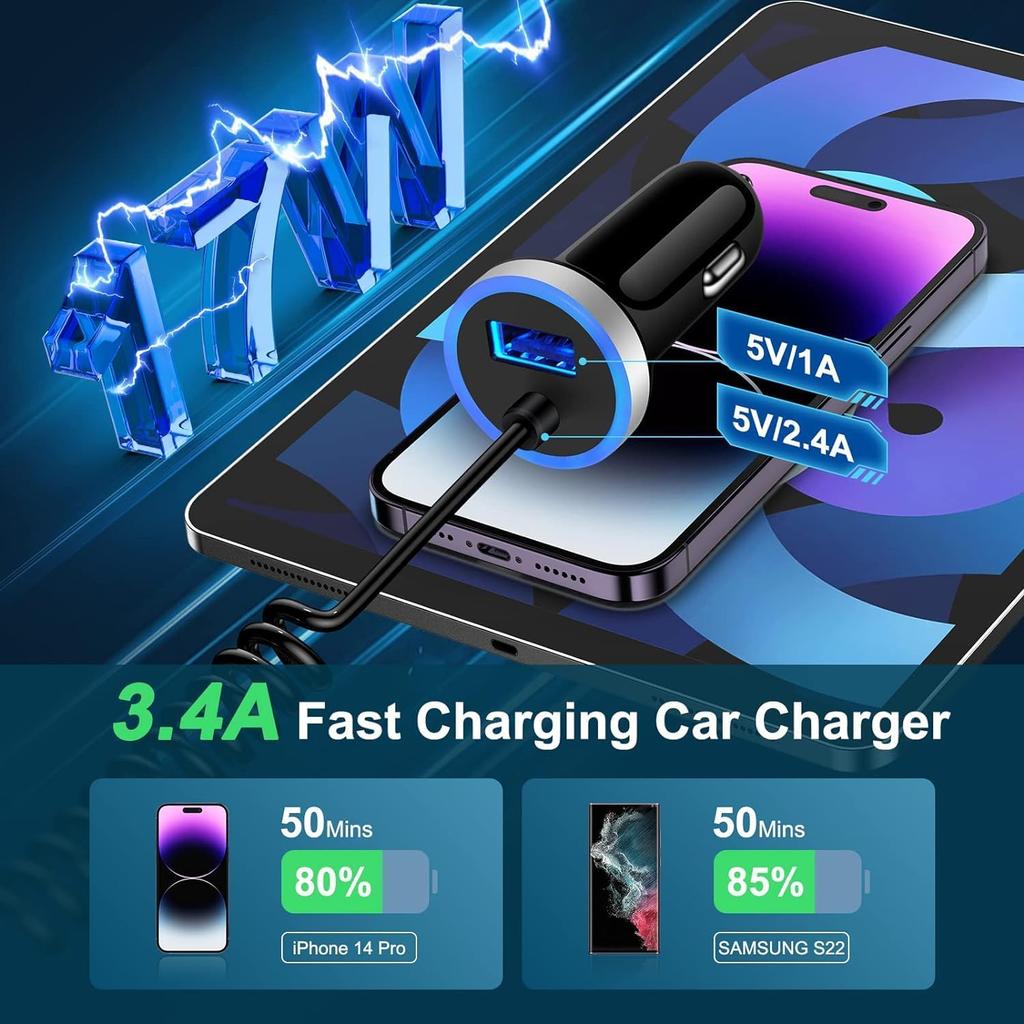 Google Pixel 9 Pro USB Car Charger Fast Charging for Google Pixel 10 Pro XL 9 Pro Fold 8a 8 Pro 7 Pro 6,USB A Car Charger + 3FT Coiled USB C Cable
