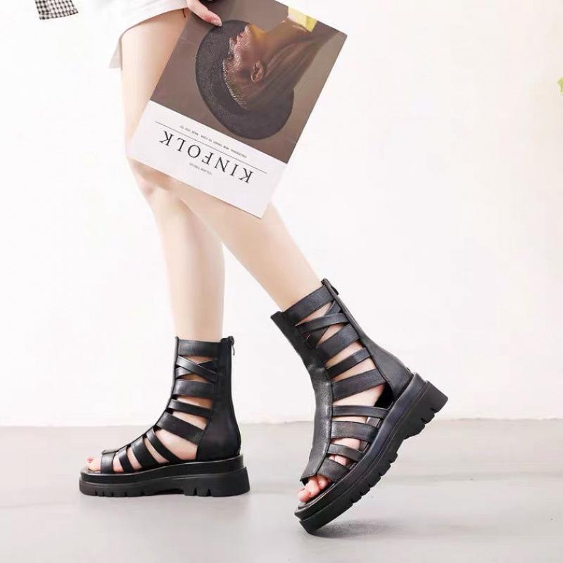 

Женские босоножки на платформе с открытым носком: Летняя мода 2025, Универсальный римский стиль, Ботинки корейских студентов на толстой подошве EU 39 чёрный