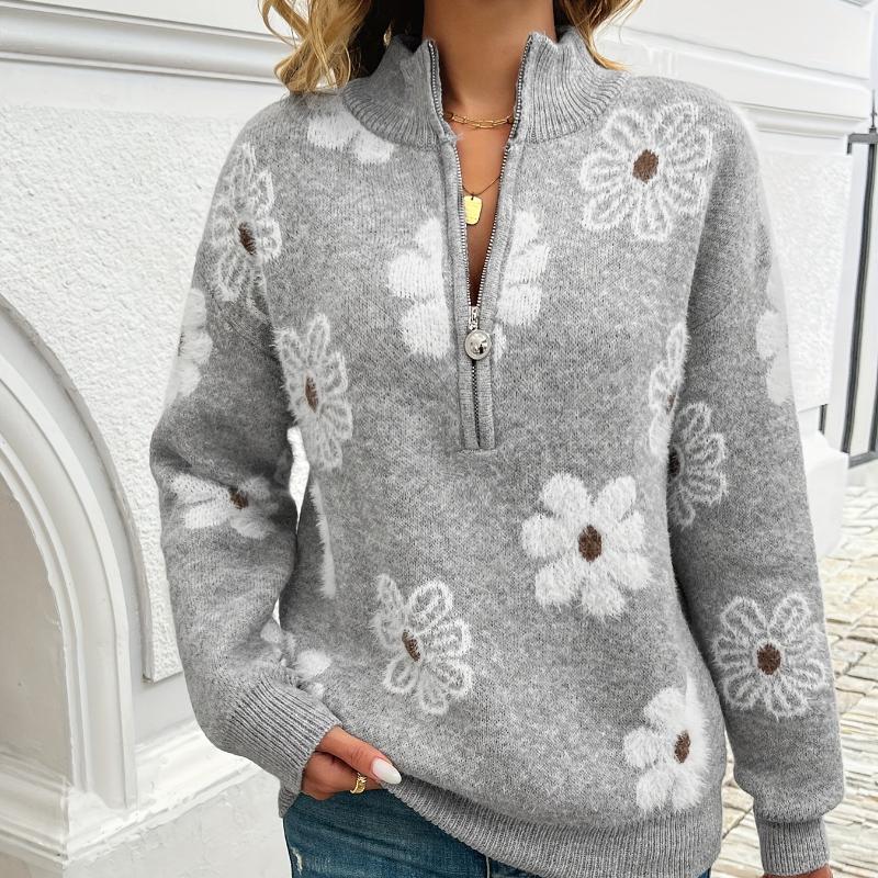 Women's Floral Pattern Half-zip Sweater Winte Warm Print Sweater