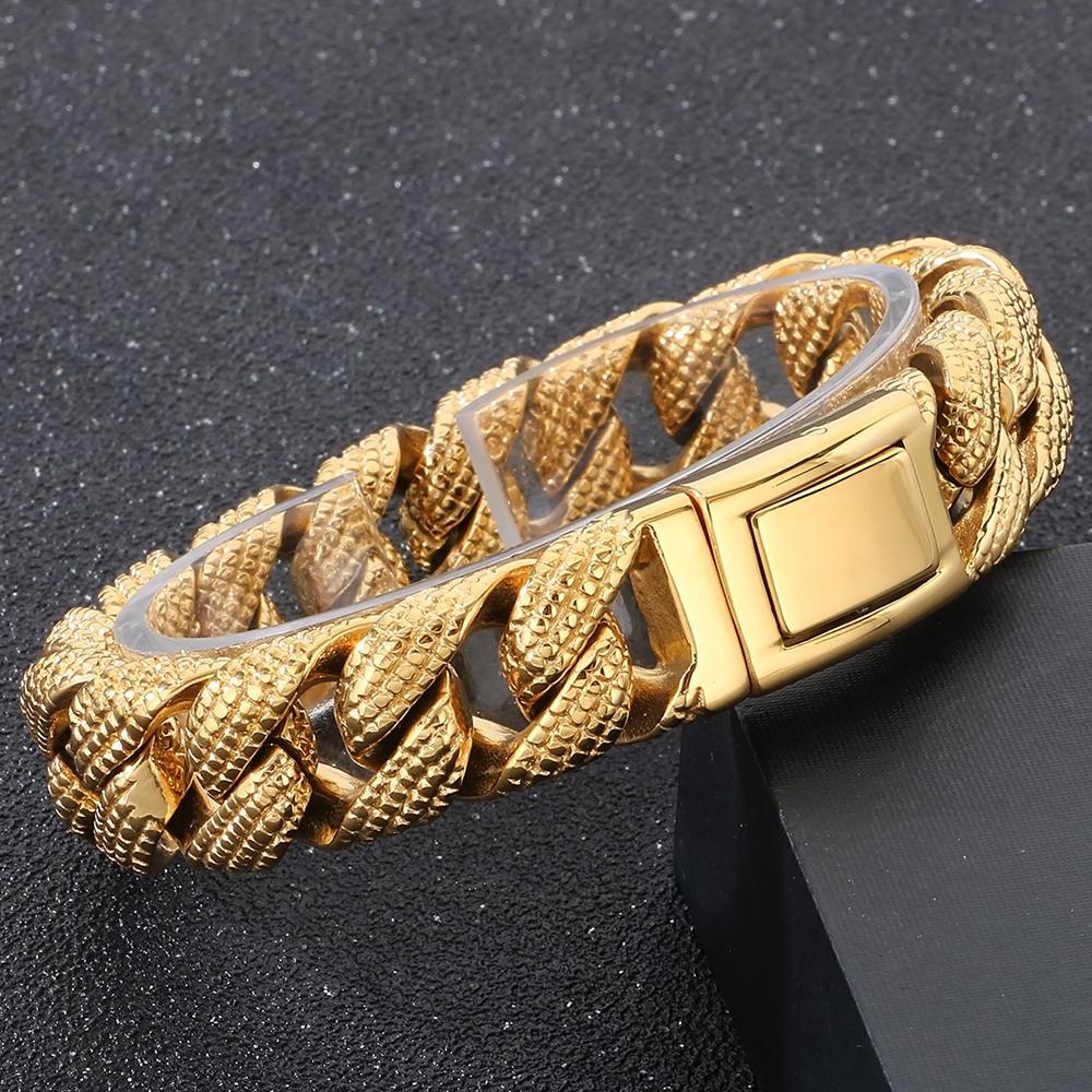 Gótikus Férfi Karkötők Vintage 15MM Szélességű Tömör Rozsdamentes Acél Kockalánc Kubai Lánc Karkötő Férfi Férfi Ékszerek Ajándékok 2 Szín