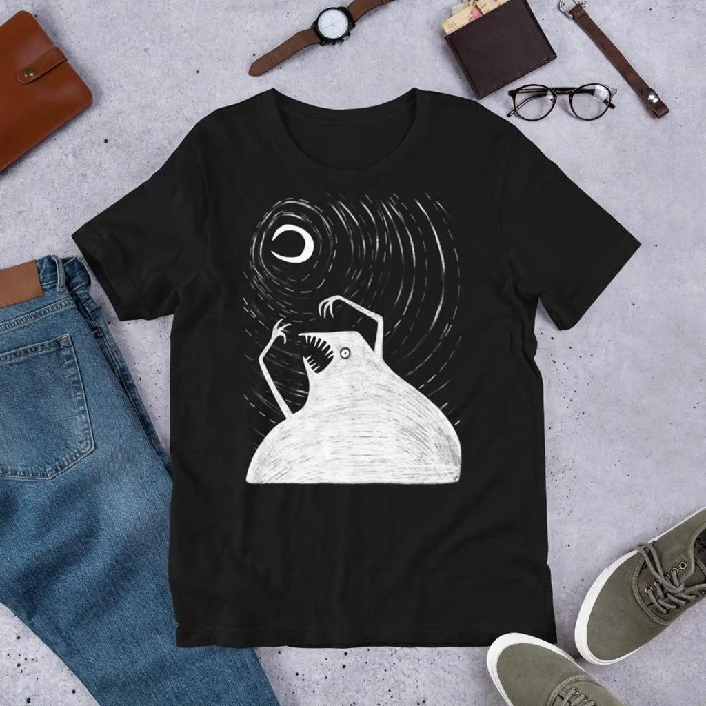 Straight Cut T Shirt Moon Monster Funny Weird Folk Art Spooky Creepy Cute Gothic Weirdcore Goth Birthday Christmas vintage