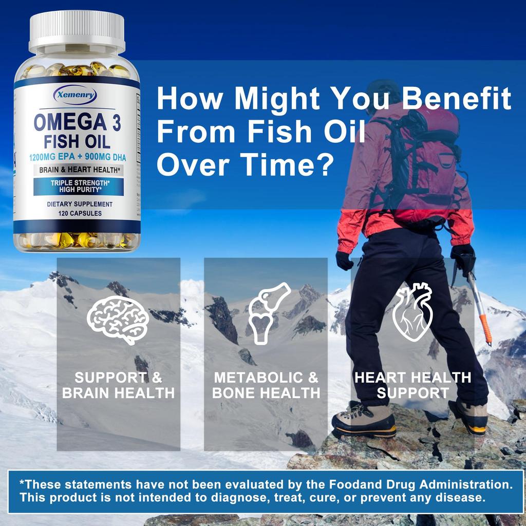Premium Omega-3 fish oil capsules, rich in EPA 1200mg + DHA 900mg, promote brain, heart and eye health, and boost immunity.