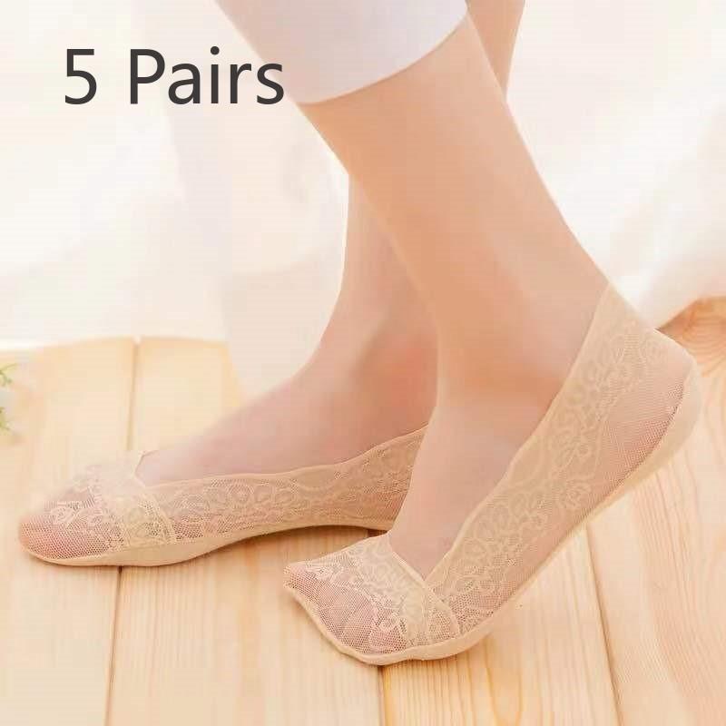 5 Çift Patik Çorap Kadın Dantelli Çoraplar Silikon Kaymaz Kaydırmaz Büyük Beden Yazlık İnce Derin Ağızlı Görünmez Çoraplar