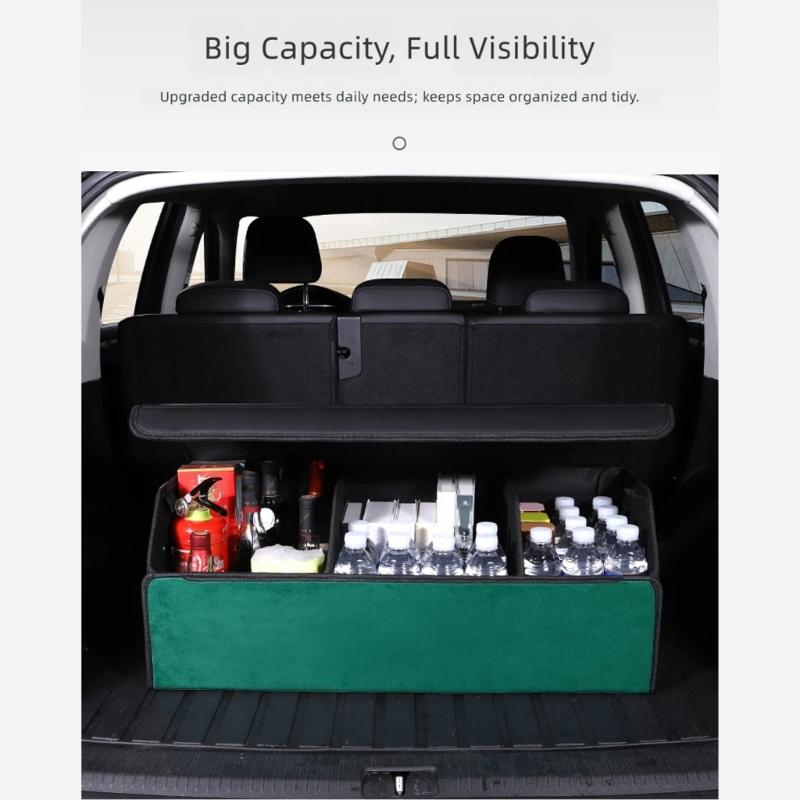 Vehicle Trunk Cargo Bin Leather-Look Foldable Storage Box with Divider, Lid, and Side Handles for Groceries and Tools