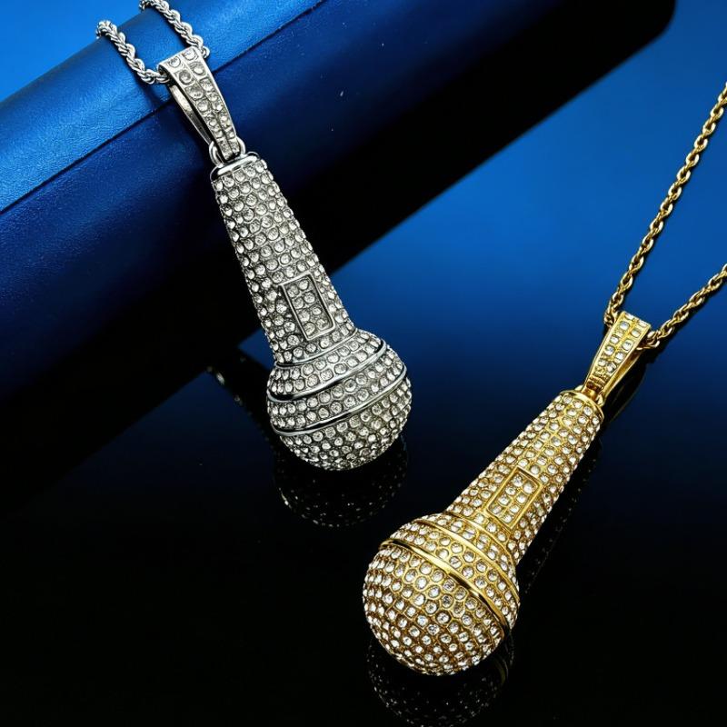 European and American Hip Hop Style Full Diamond Microphone Pendant Alloy Microphone Necklace Trendy Personalized Hip Hop Jewelry