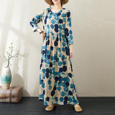 Herbst Literarisch Baumwolle Hanf Retro Großer Druck Locker Lässig Rundhals Langarm Kleid für Damen Kleider