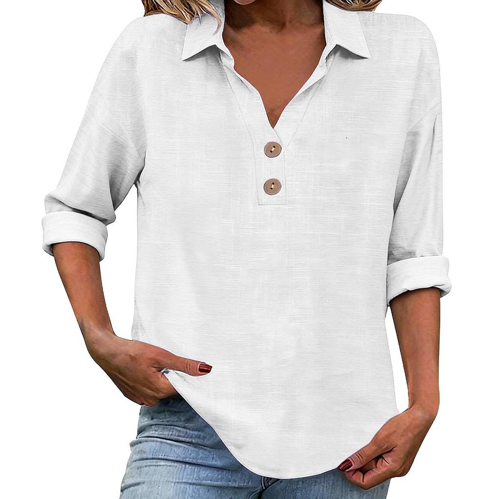 Women's Seven-Sleeve Cotton Linen Lapel Shirt - Solid Color, Casual, Breathable