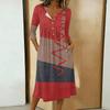 Women's Fashionable Color Printed Round Neck 3/4 Sleeve Button Collar Mid Length Casual Dress
