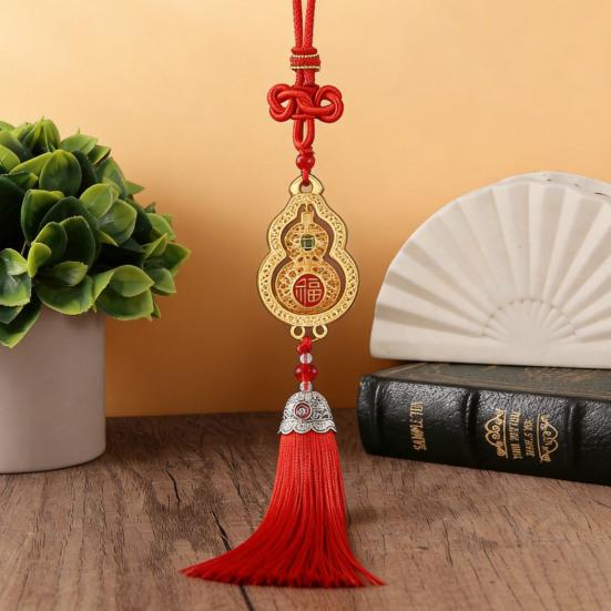 Chinese Style Gourd Car Hanging Decoration Rotatable Fu Character Gourd Tassels Car Rearview Mirror Charm Feng Shui Ornament Pendant Accessories