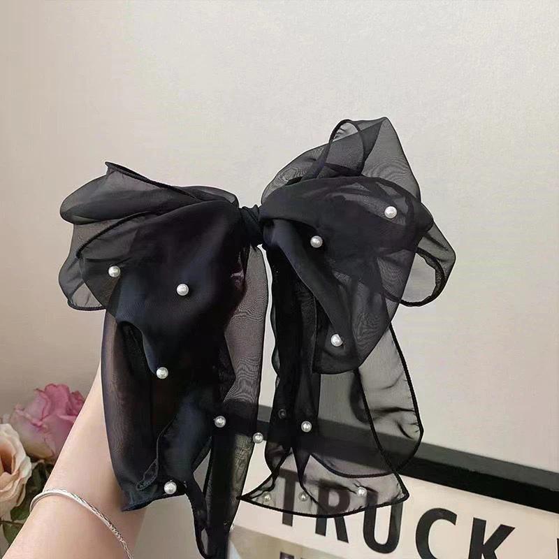 Fashion Ribbon Pearl Bow Hair Clips For Women Elegant Chiffon Bowknot Ponytail Clip Pin Bows Barrette Sweet Headwear Accessories