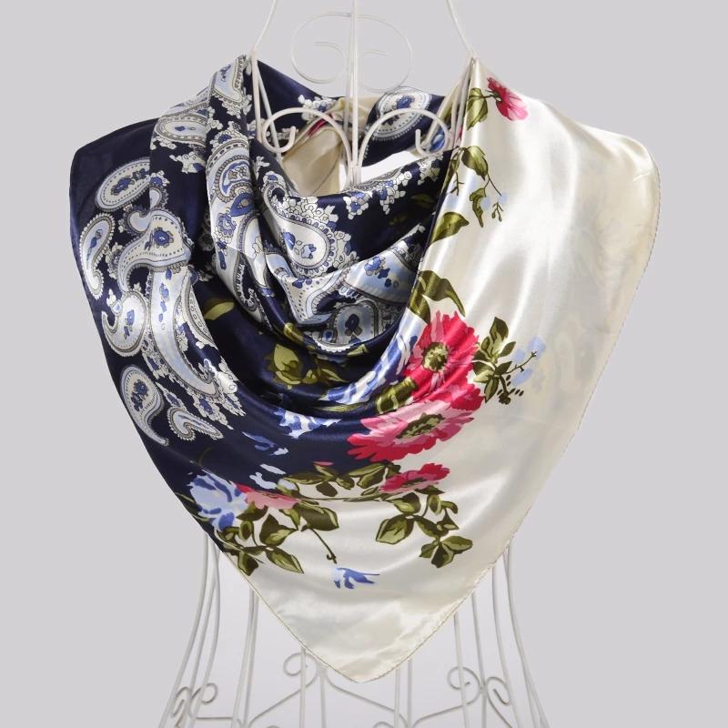 [BYSIFA] Spring Blue White Ladies Silk Scarf Hijab New Luxury Plaisley Satin Square Scarves Wraps Fashion Muslim Head Scarf Cape