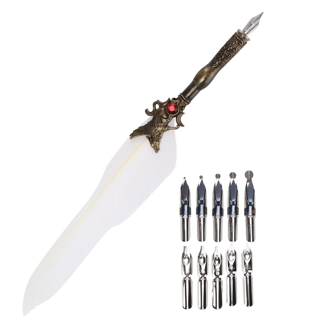 Feather Pen Craft Retro Carved Stainless Steel Dip Pencil for Signature Gift Table DecorationWhite