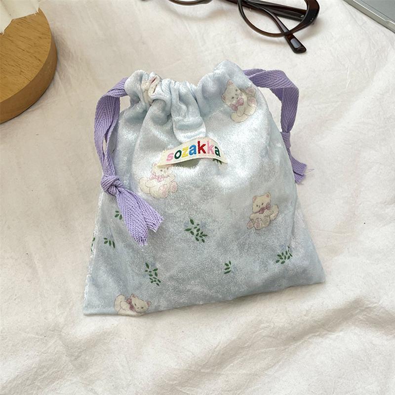 Cartoon Floral Bear Drawstring Storage Bag Women Jewelry Lipstick Makeup Bag Coin Purse Multifunctional Travel Packaging Bag
