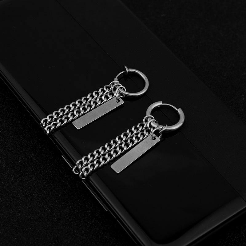 Stainless Steel Earrings Urban Rapper Punk Stud Earring Tassel Chains Stick Pendant Ear Clip for Women Men Grunge Jewelry
