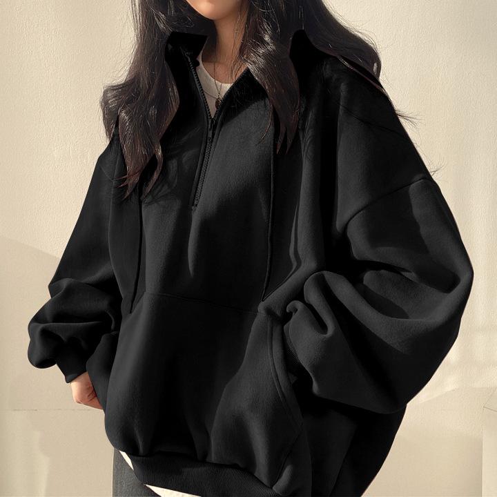 Felpa con cappuccio pullover con zip in stile coreano da donna - Vestibilità ampia, con velluto, leggera, ideale per tutte le stagioni