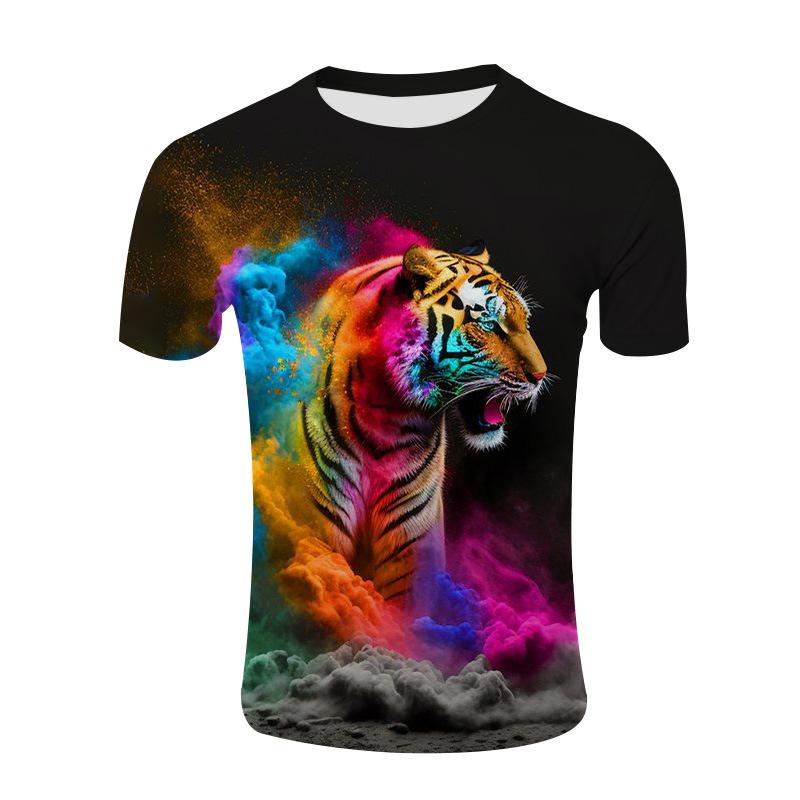 Casual 3D Tiger Head Printed Round Neck T-shirt Mesh Short Sleeve T-shirts