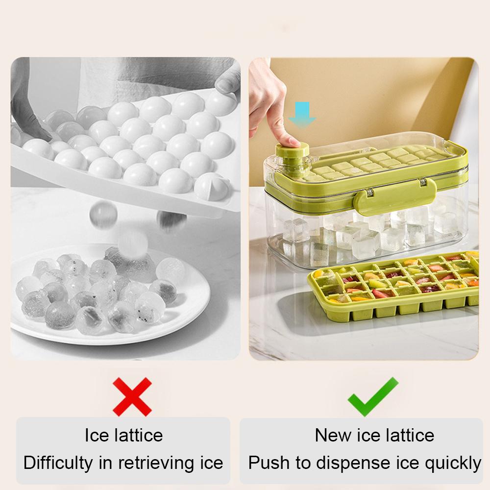 Portable Ice Cube Trays with Bin,Easy One-Click Release,Ice Freezer with Ice Scoop, Hidden Handle for Whiskey Drink Juice Tools