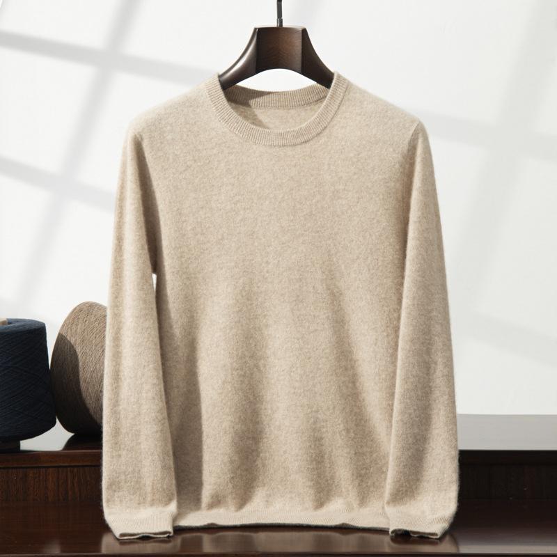 2025 new cashmere shirt men's round neck solid color pullover sweater with knitting inside
