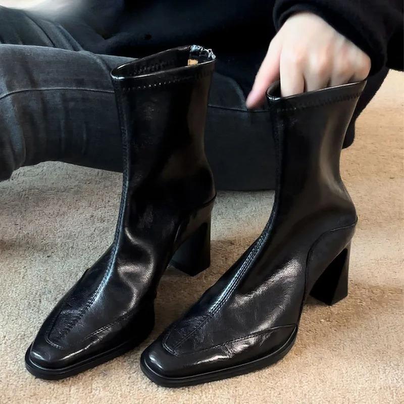 Vintage High Heel Women Ankle Boots Fashion Square Toe Short Booties Autumn Winter Ladies Shoes Botas Mujer
