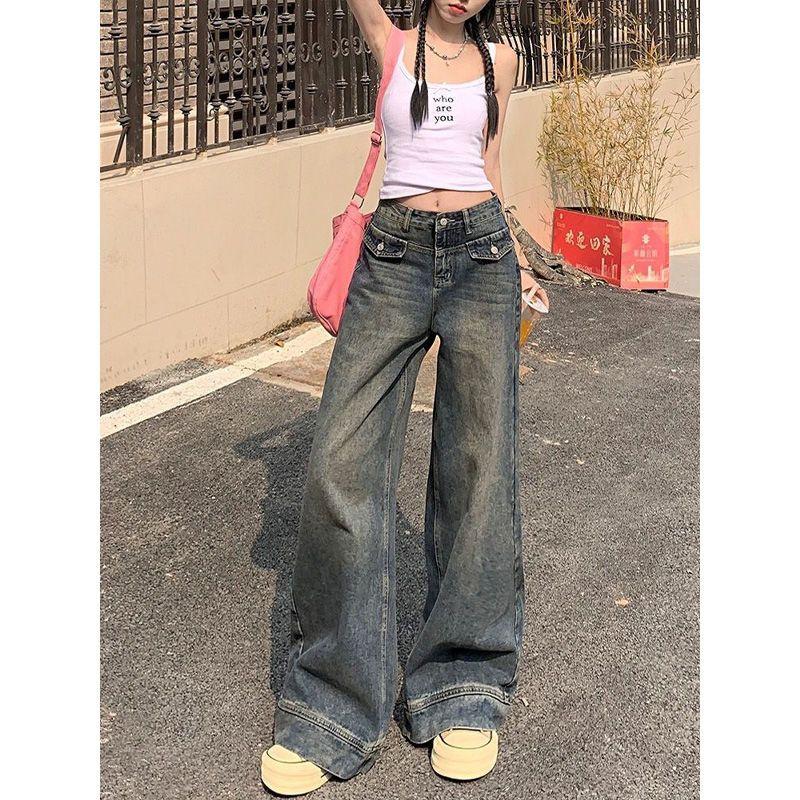 

Small Retro Wide-Leg Pants Female 2025 Summer Straight-Leg Pants High Waist Slim Looking Niche Design American Denim Charcoal gray pants 155-165 XL