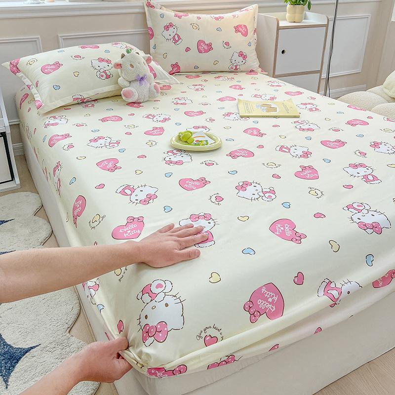 Solid Color Washed Cotton Fitted Sheet with Non-Slip Design and Skin-Friendly Pillowcase