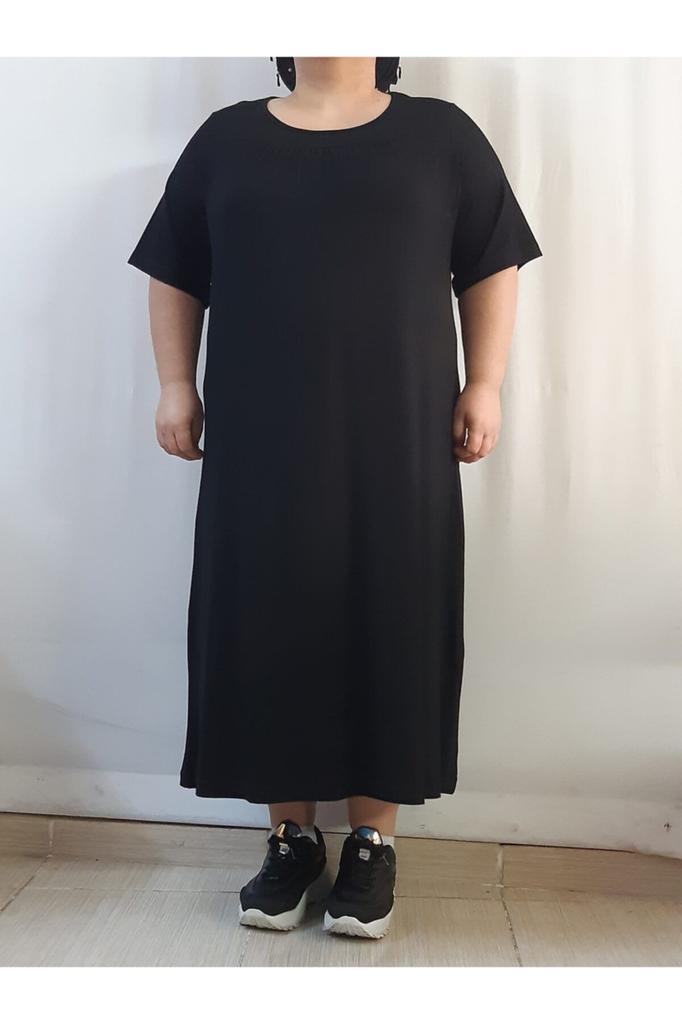 Damska Sukienka Duży Rozmiar Czarna Bawełna Czesana Wiskoza Czarna Sukienka z Marszczonym Przodem i Karczkiem z Tyłu