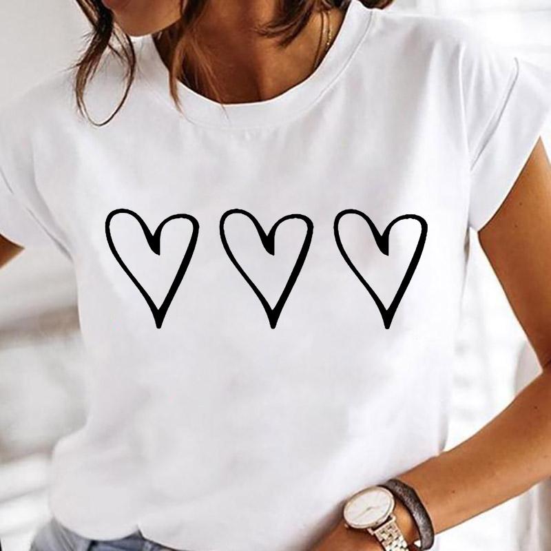 Women Printing Clothes Custom T-Shirt Watercolor Cute Tops Tshirt Short Sleeve Cartoon Heart Print Female Graphic O-Neck Tees