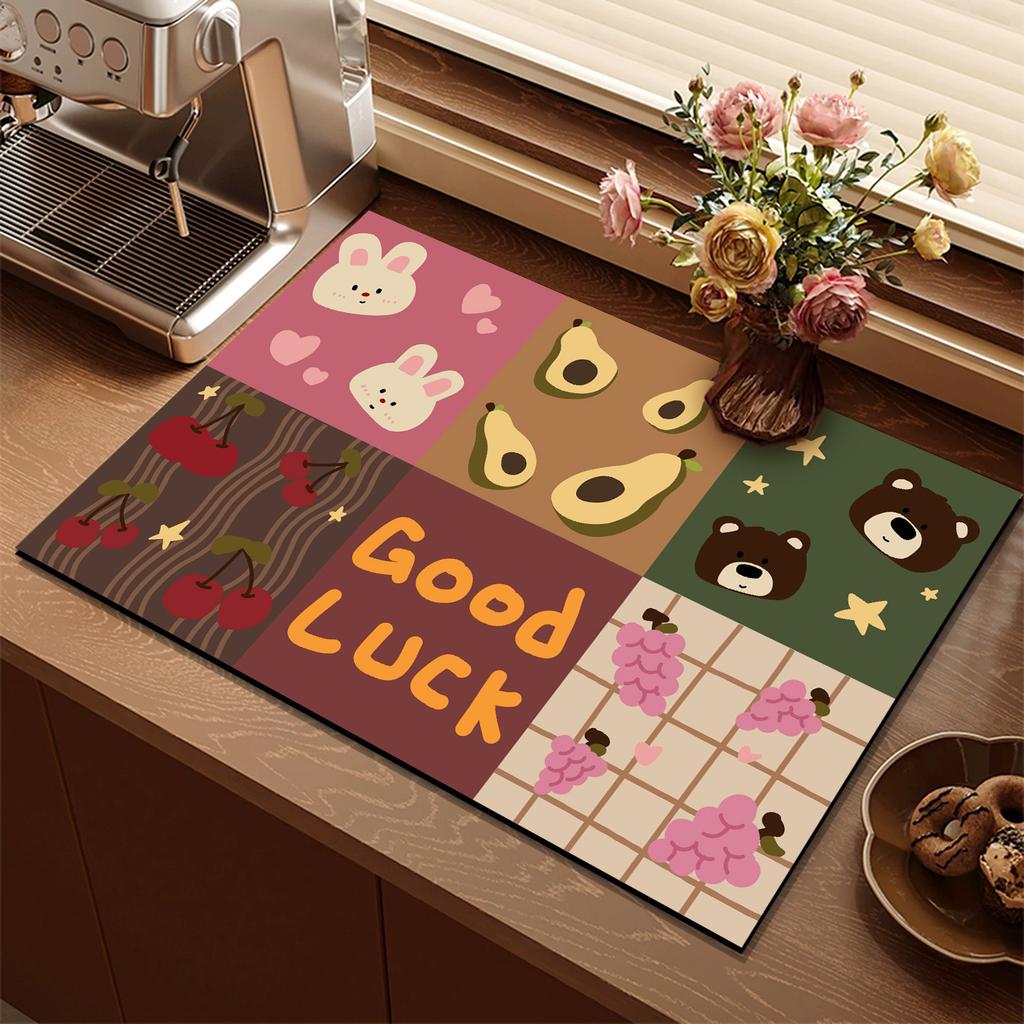 Cartoon Patchwork Good Luck Drying Mat Cat Watermelon Apple Print Non Slip Absorbent Espresso Machine Counter Pad Rug