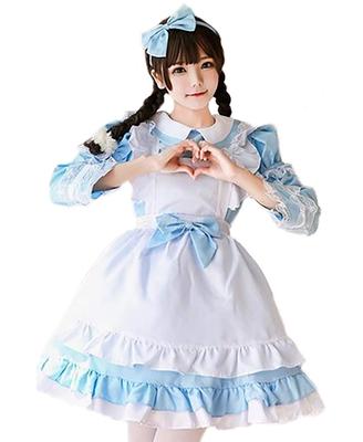[Milky Time] Maid Outfit, Choice of Colors, Short or Long Sleeves, 2-Way Design, Maid Cosplay, Halloween (Light Blue, M)